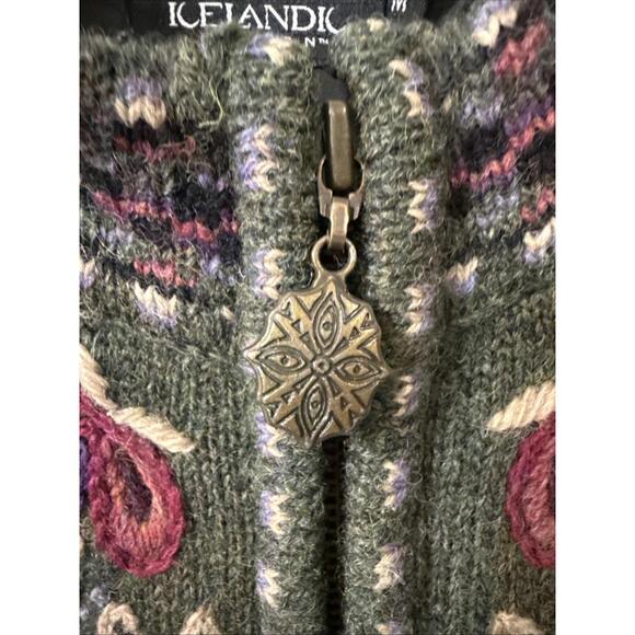 Icelandic Wool Floral Embroidery Zip Front Sweater Cardigan Green Sz M Pockets - Picture 4 of 15